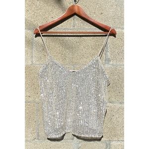 ZARA Silver Sequin Spaghetti Strap Cami Top - size L